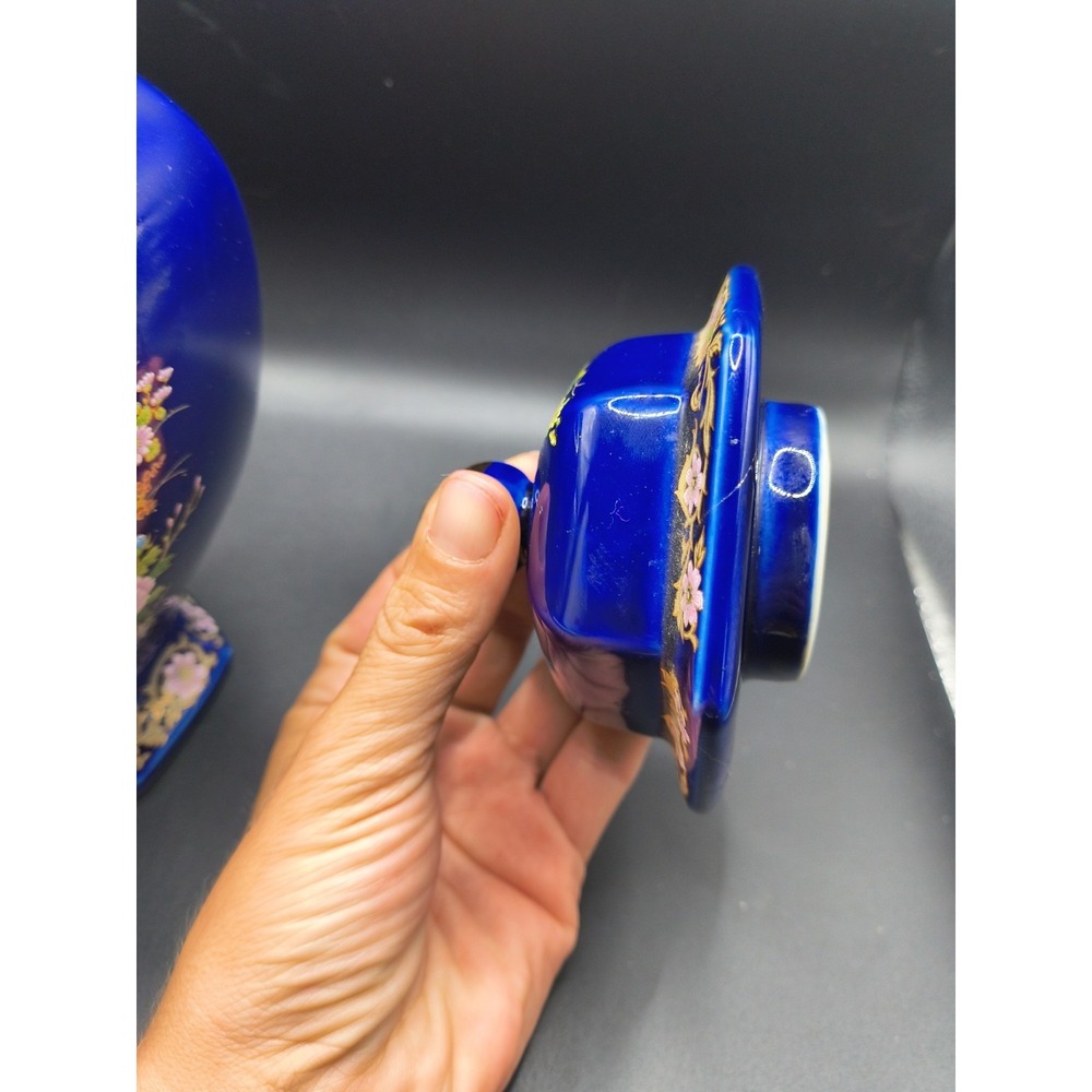 Vintage 1970-80s Japanese Cobalt Blue Ginger Jar - Golden Love Peacock 9" Lidded - Picture 12 of 13